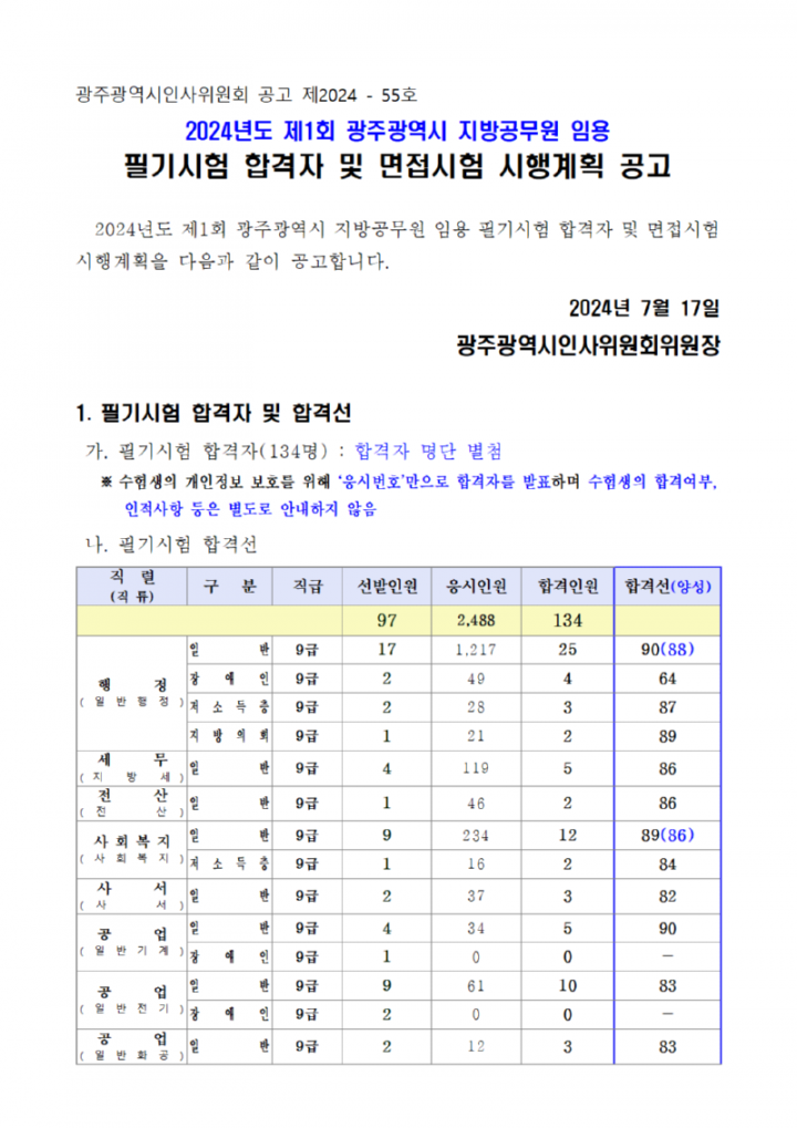 ★2024년도 제1회 광주광역시 지방공무원 임용 필기시험 합격자 및 면접시험 시행계획 공고001.png